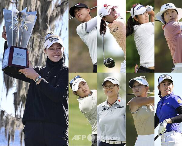 미국여자프로골프(LPGA) 투어 2026시즌 개막전 힐튼 그랜드 베케이션스 토너먼트 오브 챔피언스 우승을 차지한 넬리 코다. 우승을 다툰 양희영, 황유민 프로. 함께 출전한 김아림, 이소미, 유해란 프로, 브룩 헨더슨, 리디아 고, 지노 티띠꾼. 사진제공=ⓒAFPBBNews = News1 (사진을 무단으로 사용하지 마십시오.)