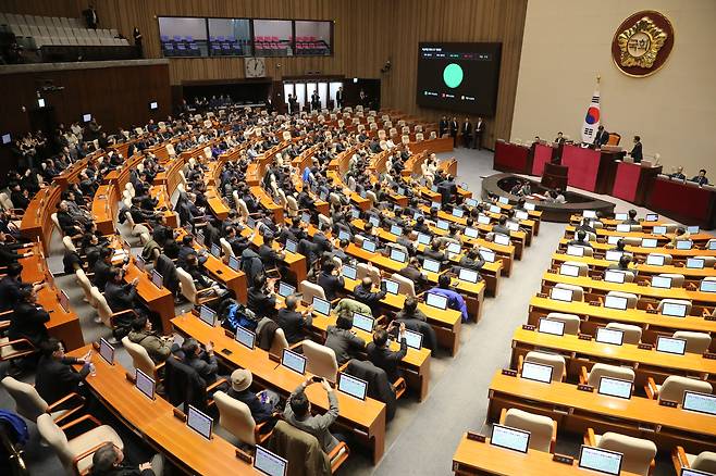 190 members of the National Assembly vote to overturn President Yoon Suk Yeol's martial law declaration at the National Assembly building in Yeouido, western Seoul, in the early hours of Dec. 4, 2024.  [NEWS1]