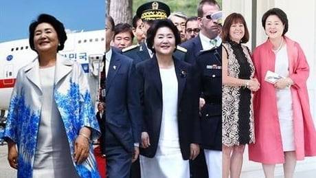 김정숙 여사가 영부인 시절 해외 순방때 입었던 의상들./ 연합뉴스