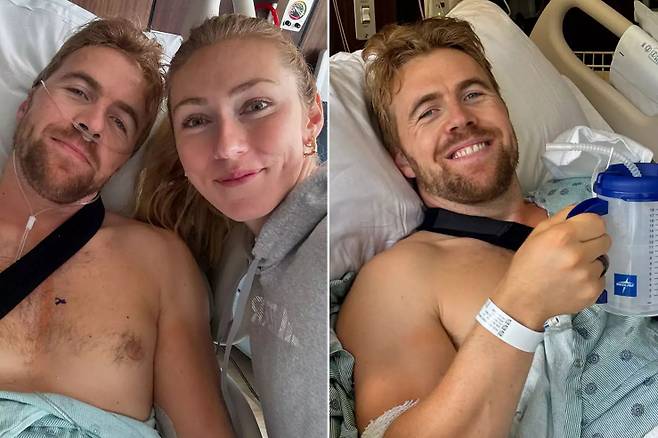 어깨 수술 후 회복중인 알렉산더 킬데(왼쪽)와 병문안을 온 미카엘라 시프린. /사진=알렉산더 킬데 개인 사회관계망서비스(SNS)