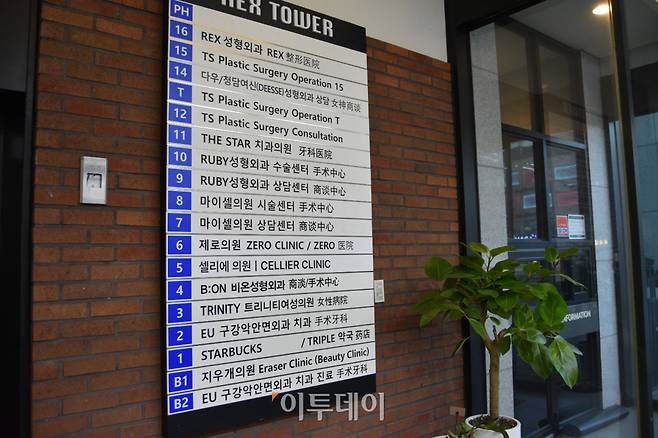 1월 27일 방문한 강남구 도산대로 렉스타워의 1층 입구에 붙어있는 안내도에 의료기관 상호명과 외국어가 표기돼 있다.(한성주 기자 hsj@)