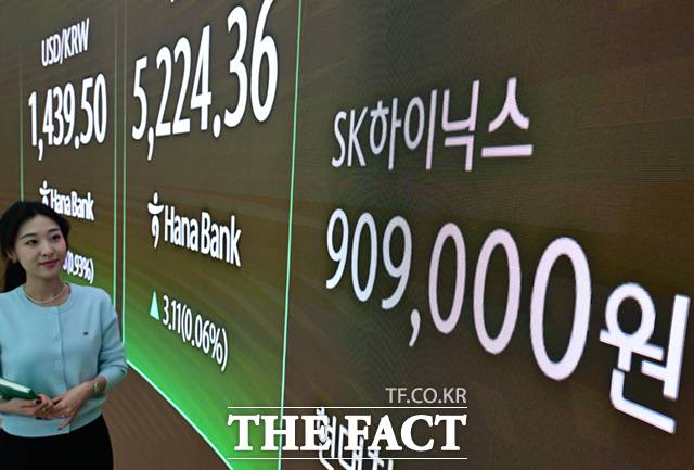 '오천피(코스피 5000)' 이후 7거래일 연속 최고치를 경신하고 있는 1월30일 오후 서울 중구 하나은행 본점 딜링룸 전광판에 SK하이닉스 지수가 표시되고 있다. /이새롬 기자