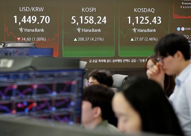 3일 서울 중구 하나은행 딜링룸에서 직원들이 업무를 보고 있다. 연합뉴스