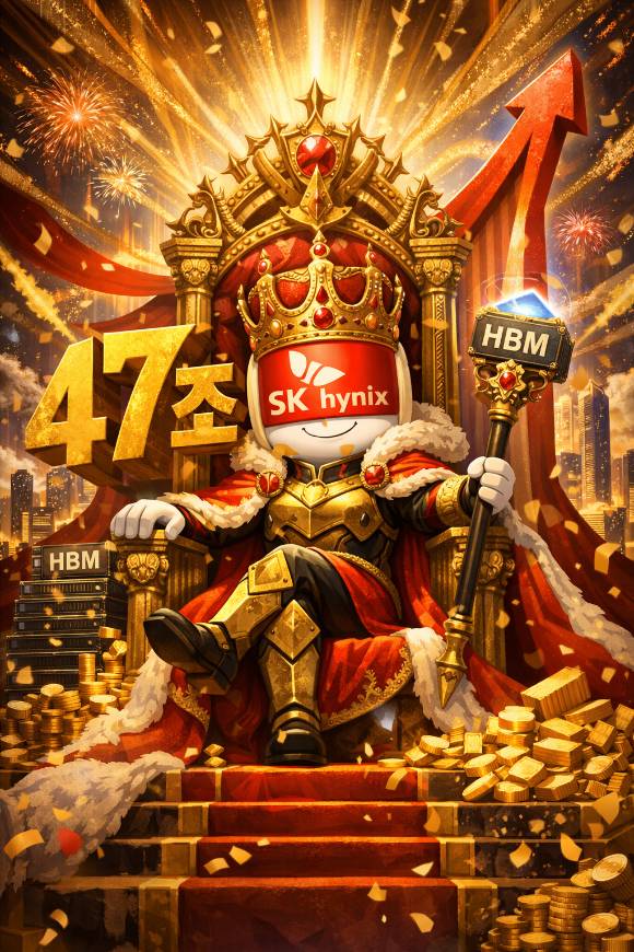 SK하이닉스가 2025년 영업이익 47조원대를 기록하며 국내 전체 상장사 1위를 확정한 상황을 그린 그림. [사진=챗GPT]