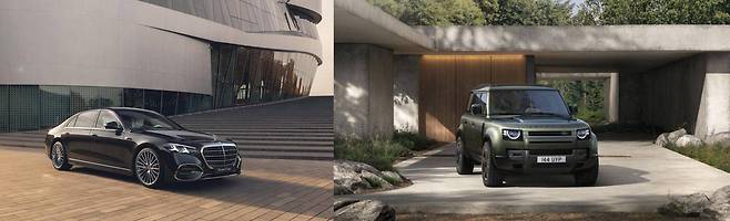 더 뉴 메르세데스-벤츠 S-클래스(왼쪽)과 뉴 디펜더 부분 변경 모델 / 출처=각사