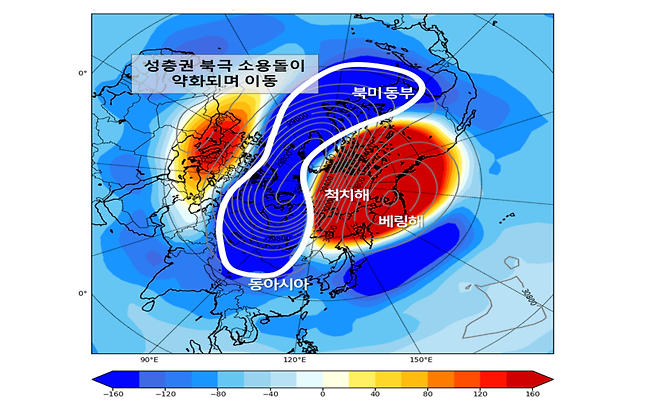 북극 소용돌이 약화로 동아시아와 북미에 한기가 내려오고 베링해 부근에 블로킹이 발달했다. 자료 : 기상청