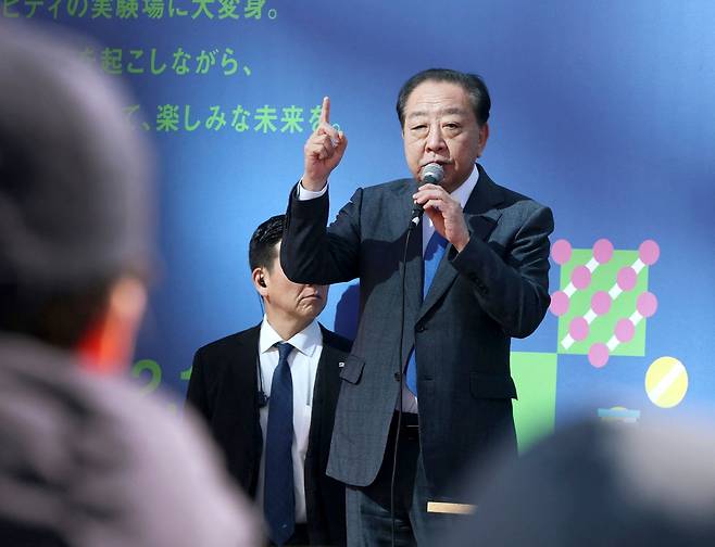 노다 요시히코 중도개혁연합 공동대표가 지난 1일 도쿄 선거 유세에 참석해 연설을 하고 있다. AFP연합뉴스