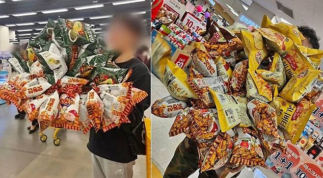 이마트에서 진행 중인 '과자 무한 골라담기' 행사 참여 인증 글이 온라인상에 쏟아지고 있다./사진=인스타그램