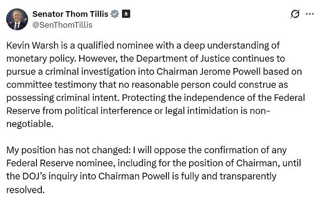 /사진=톰 틸리스 공화당 상원의원(노스캐롤라이나) X 계정