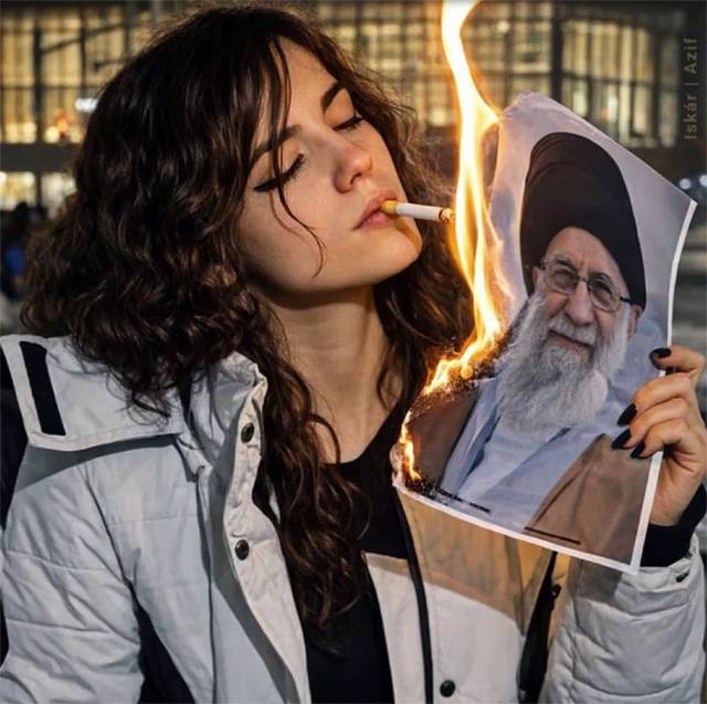 ▲ 캐나다로 망명한 이란 출신의 한 여성이 이란 최고지도자 알리 하메네이의 초상화에 담뱃불을 붙이고 있다. ⓒ사회관계망서비스 X 갈무리