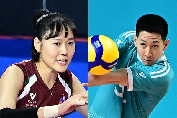 IBK기업은행 임명옥과 전 대한항공 료헤이. 한국배구연맹 제공