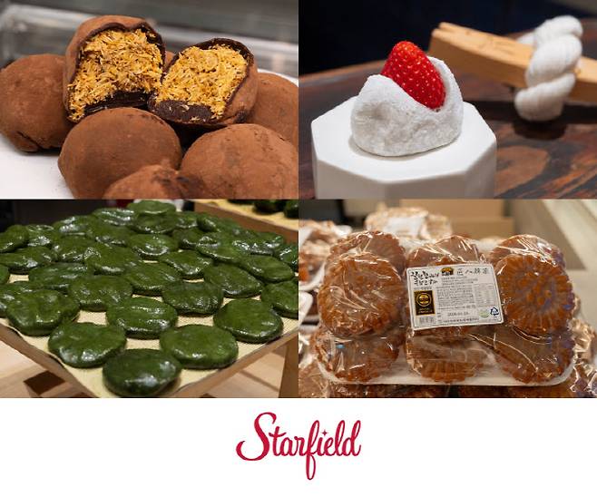 스타필드 수원에서 진행 중인 디저트 팝업 대표 메뉴. 포레포레의 두바이쫀득쿠키(상단 왼쪽부터), 자이소의 과일 찹쌀떡쑥개떡, 장인한과의 약과. (사진=신세계프라퍼티)