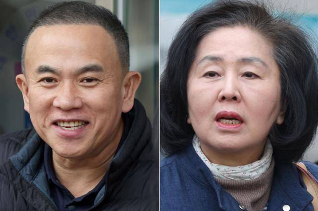 정치자금법 위반 혐의로 기소된 정치 브로커 명태균(왼쪽)씨와 국민의힘 김영선 전 의원이 5일 경남 창원시 성산구 창원지법에서 열린 1심 공판에 출석하고 있다. 연합뉴스