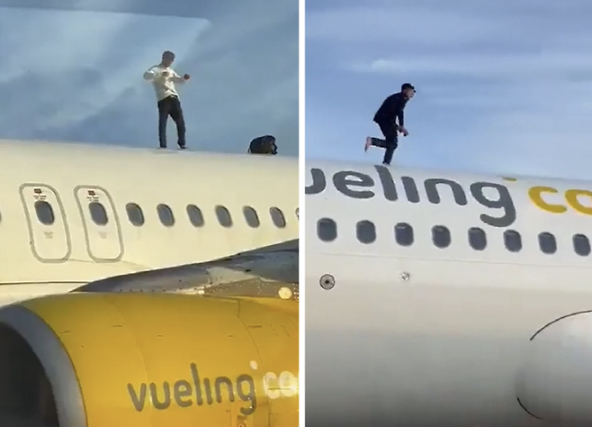 엑스(X·옛 트위터)지난달 31일 스페인 발렌시아 마니세스 공항에서 모로코 국적의 남성 A씨(24)가 부엘링 항공의 에어버스 A320 여객기 위에 올라가 소란을 피우고 있다. [엑스(X·옛 트위터) 캡처]