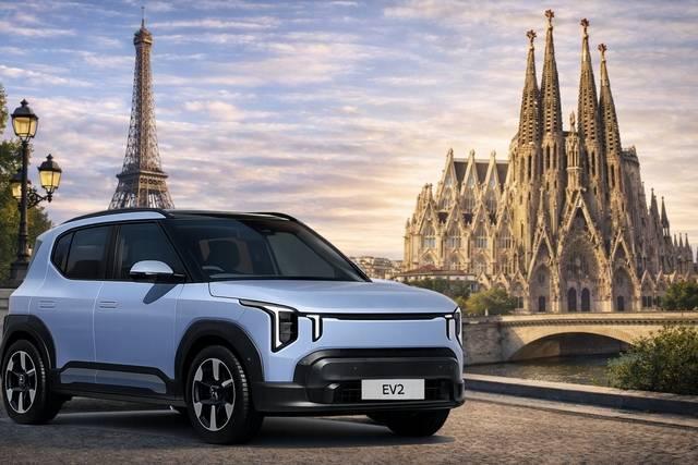 챗 GPT로 제작한 ‘유럽 스페인, 프랑스 시장에 진출 예정인 기아 EV2’ 이미지. 편집=김상욱 기자.