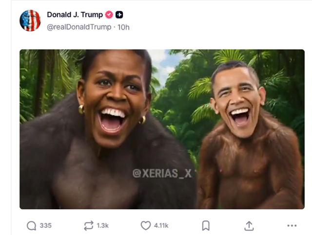 도널드 트럼프 미국 대통령은 6일 자정쯤 자신의 사회관계망서비스(SNS) 트루스소셜에 오바마 전 대통령 부부를 원숭이에 묘사하며 대선음모론을 제기하는 영상을 공유했다. 트루스소셜 캡처