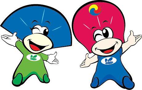 전주시가 2001년 제작한 시 공식 마스코트 '맛돌이'와 '멋순이'. 한국 전통 부채인 태극선과 합죽선을 의인화했다. 사진 신유정 전주시의원