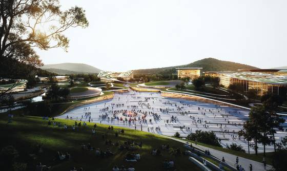 행정중심복합도시건설청이 정부세종청사 중앙동 공용브리핑실에서 세종 국가상징구역(대통령세종집무실, 국회세종의사당, 시민공간) 마스터플랜 국제공모 당선작을 발표했다. 최종 당선작은 에이앤유디자인그룹건축사사무소의 '모두가 만드는 미래'로 국가상징구역을 관통하는 도로 일부를 지하화하고 그 상부를 시민공간인 '모두를 위한 언덕'으로 조성해 북측 세종집무실과 남측 국회세종의사당을 하나의 축으로 연계해 높은 점수를 받았다. 사진은 시민공간 모습. 연합뉴스