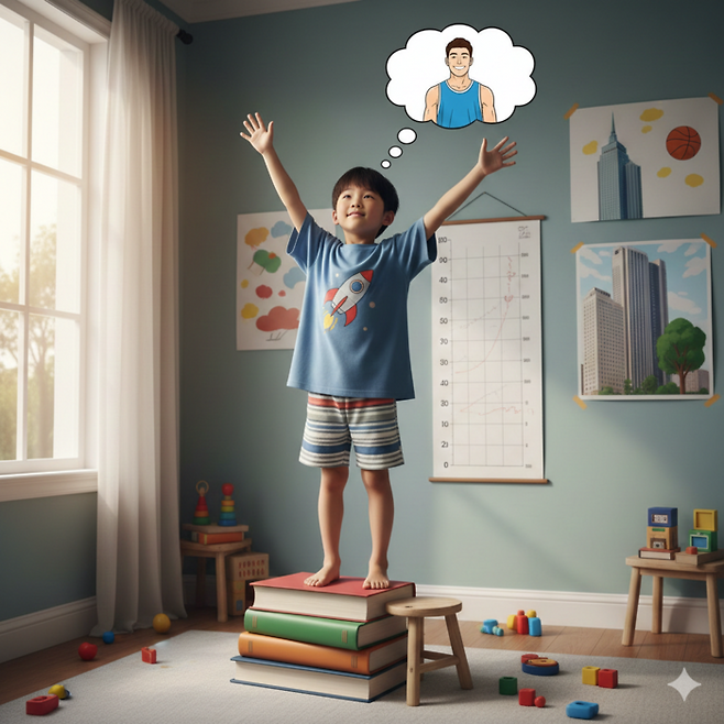 키 크고 싶어하는 우리 아이를 키워드로 생성AI가 만든 이미지. [제미나이]