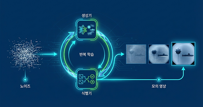 ▲생성기와 식별기 간 적대적 경쟁을 통해 노이즈가 실제와 구분이 불가능한 수준의 고정밀 전방 소나 영상으로 진화하는 과정. 인포그래픽=구글 생성형 AI 제미나이 생성