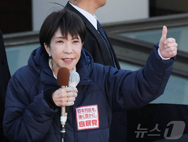 다카이치 사나에 일본 총리(자민당 총재)가 3일 사이타마현 히가시마츠야마에서 중의원 선거 유세 연설을 하고 있다. 2026.02.03 ⓒ 로이터=뉴스1