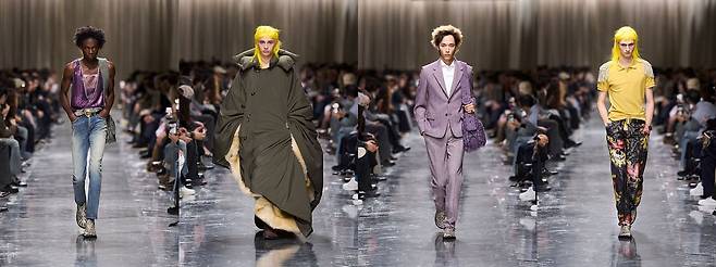 디올은 어깨 견장이 있는 폴로 셔츠 등 강렬한 룩을 선보였다. 화사한 보라색 수트도 등장했다. 사진 디올