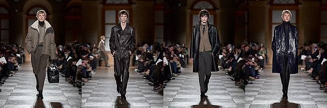 에르메스는 룩 곳곳에 송아지 가죽과 악어 가죽을 사용했다. 사진 에르메스