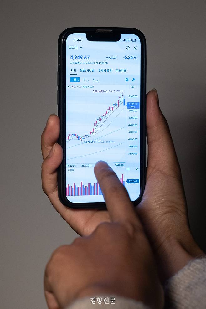 한 청년이 휴대전화로 코스피 차트를 보고 있다. 경향신문 자료사진