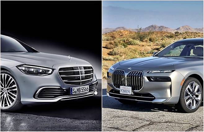 플래그십 세단 대표주자인 벤츠 S클래스 (왼쪽)와 BMW 7시리즈 [사진출처=벤츠, BMW/ 편집=최기성 매경 디지털뉴스룸 기자]
