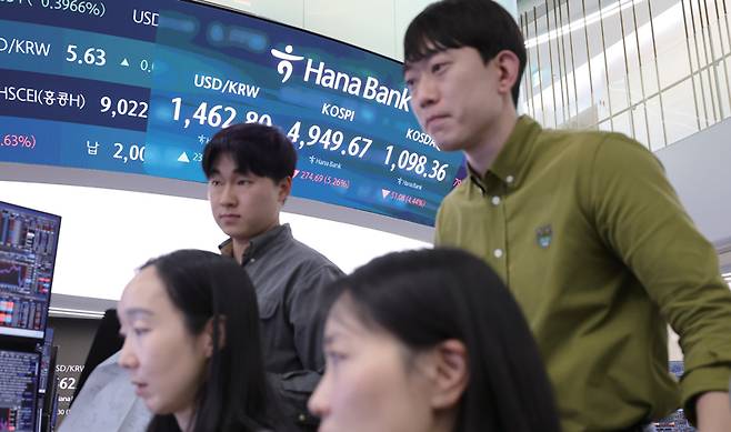 코스피 시장에 매도 사이드카가 발동된 2월2일 서울 중구 하나은행 딜링룸에서 딜러들이 화면을 지켜보고 있다. ⓒ연합뉴스