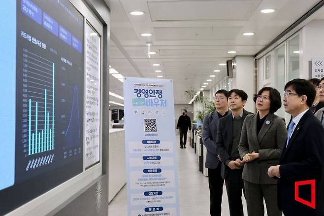 소상공인시장진흥공단은 9일 오전 9시부터 ‘소상공인 경영안정 바우처’ 신청 접수를 시작한다. 인태연 소진공 이사장(맨 오른쪽)이 접수 첫날 신청현황을 점검하고 있다. 소진공