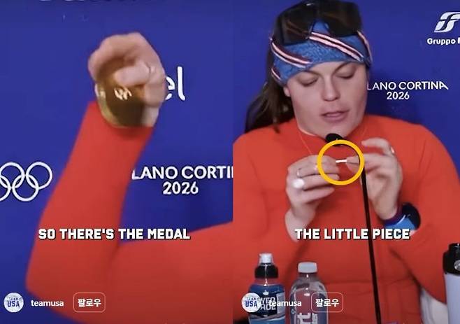 2026 밀라노·코르티나담페초 동계올림픽 알파인 스키 여자 활강 경기에서 우승한 브리지 존슨이 파손된 금메달을 들어보이고 있다. TEAMUSA 인스타그램 캡처