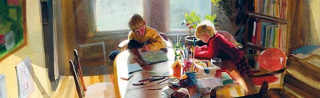 시드니 스미스는 ‘2025 볼로냐 일러스트 원화전’ 도록을 그린 작가로 이 그림 속 두 아이는 본인의 아이들이다.