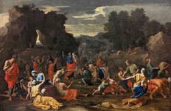 프랑스 성서화가 니콜라 푸생이 그린 ‘출애굽 이후 광야에서 만나를 거두는 이스라엘 공동체’(1637–1639년경). 이 장면은 출애굽의 기적보다 선택이 특권이 아니라 책임으로 이어지는 여정을 보여준다. 출처=루브르 박물관 소장, 퍼블릭 도메인