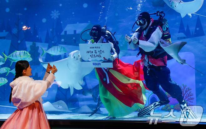 한복을 입은 스쿠버 다이버들이 설 연휴를 앞둔 10일 오전 서울 강남구 씨라이프 코엑스 아쿠아리움에서 새해 인사를 전하고 있다. 2026.2.10 ⓒ 뉴스1 안은나 기자