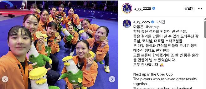 안세영이 인스타그램을 통해 감사 메시지를 올렸다. 사진출처=안세영 인스타그램