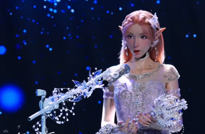 중국 로봇업체 아지봇이 공개한 로봇 갈라쇼에서 휴머노이드 로봇이 노래를 부르고 있다. 아지봇 유튜브