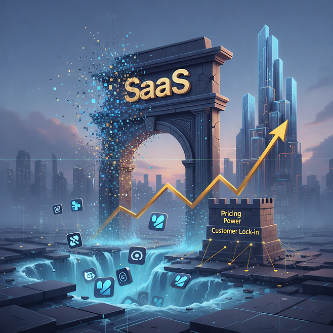 생성형 인공지능(AI) 확산으로 SaaS(서비스형 소프트웨어) 기능이 무료·번들 형태로 확산되며 기존 소프트웨어 가격 구조가 흔들리는 모습을 상징적으로 표현한 이미지. 무너지는 ‘SaaS’ 아치 구조와 하락하는 기능 아이콘, 반면 가격 방어력(Pricing Power)과 고객 락인(Customer Lock-in)을 기반으로 성장 곡선을 유지하는 기업을 대비적으로 나타냈다. 챗GPT·제미나이 AI 생성 이미지