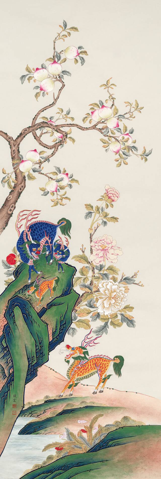 새해 1월 초 이재명 대통령의 중국 방문 때 시진핑 주석에게 선물한 민화 ‘기린도’. 경기 용인 호암미술관에 소장된 ‘기린도’를 민화작가 엄재권씨가 작가 특유의 필치를 가미해 재현한 작품이다. 작가 제공