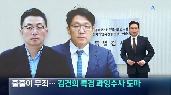 ▲김윤수 채널A 앵커가 9일 뉴스A 앵커 멘트에서 기소했으나 잇단 무죄와 공소기각 판결을 받은 김건희 특검을 두고 난감해졌다라고 지적하고 있다. 사진=채널A 뉴스A 영상 갈무리