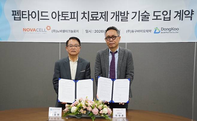 왼쪽부터 신중현 동구바이오제약 사장, 이태훈 노바셀테크놀로지 대표(사진=동구바이오제약)