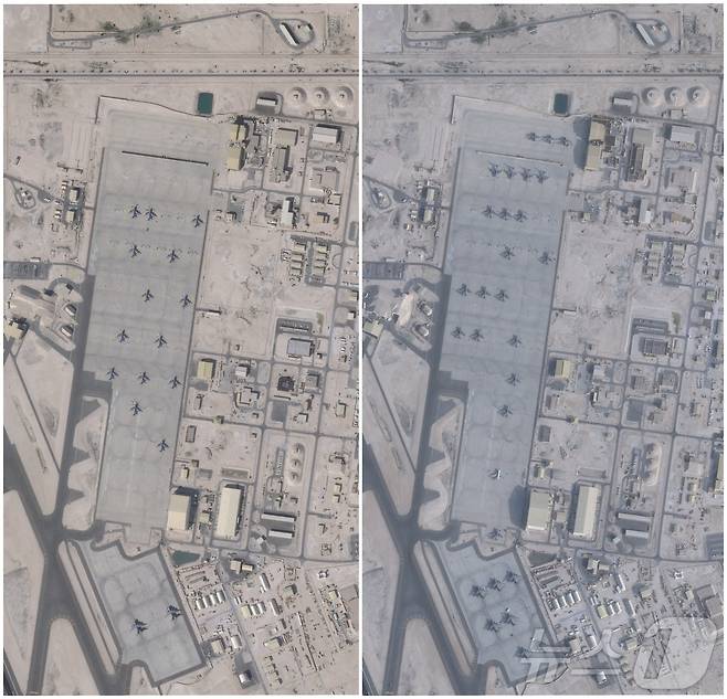 지난달 17일(왼쪽)에서 지난 1일까지 카타르 알우데이드 공군기지에 있는 항공기 수가 증가한 것을 확인할 수 있는 플래닛랩스 위성사진 ⓒ 로이터=뉴스1