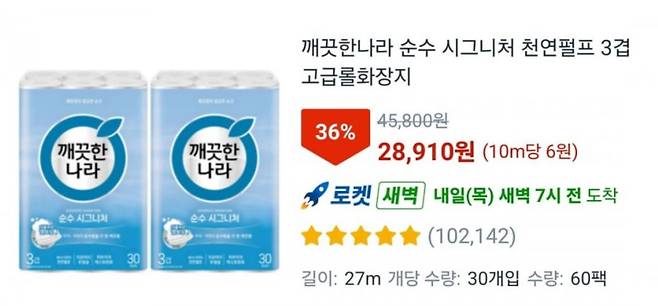 30개입 화장지 60팩을 2만8910원에 판매한다고 쓰여 있다. 쿠팡
