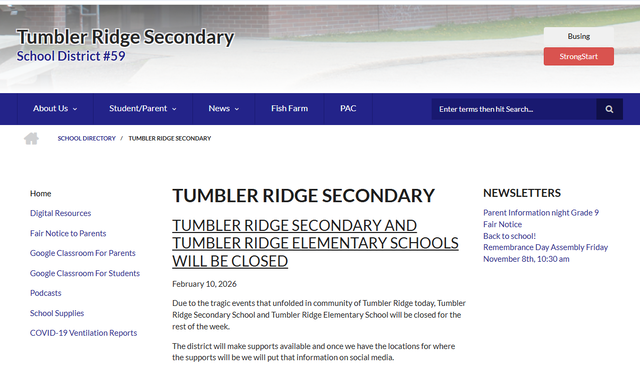 참사로 인해 휴교한다는 내용의 텀블러 리지 학교의 공지사항. tumbler ridge secondary school 공식 홈페이지