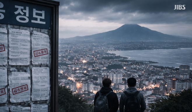 제주시 전경과 구직 정보 게시판 앞에 선 청년들의 이미지.