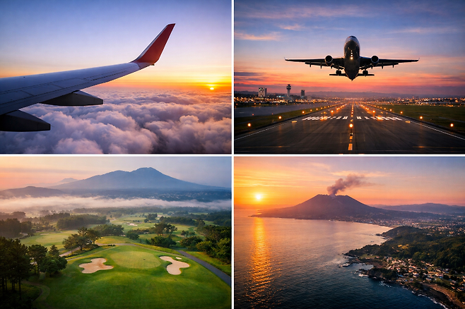 규슈로 향하는 하늘길과 제주 골프장 전경을 대비한 이미지.