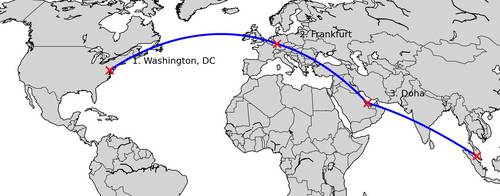 독일과 카타르를 경유해 말레이시아에 도착한 트럼프 대통령의 에어포스원 항공 경로