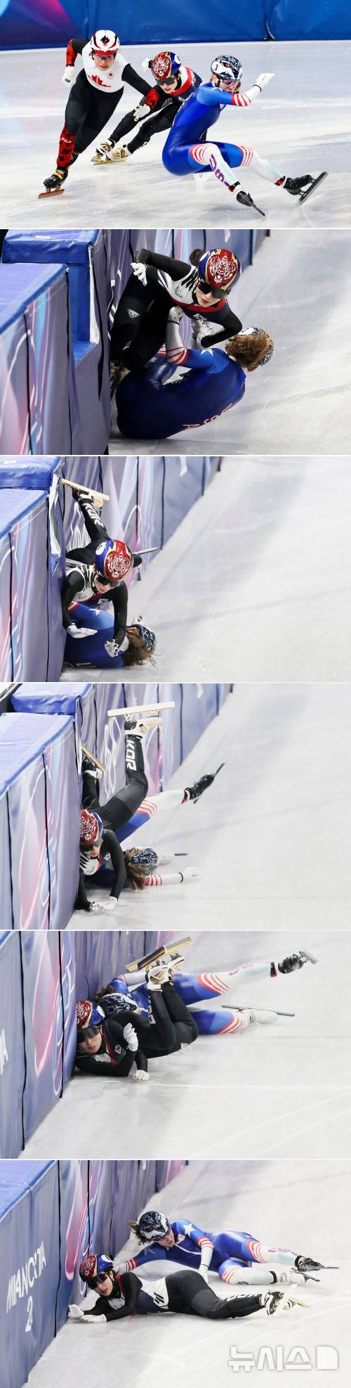 [밀라노=뉴시스] 김근수 기자 = 쇼트트랙 김길리가 10일(현지 시간) 이탈리아 밀라노 아이스스케이팅 아레나에서 열린 2026 밀라노·코르티나 담페초 동계올림픽 쇼트트랙 혼성 계주 준결승에서 주행 도중 미국 선수에 걸려 넘어지고 있다. 2026.02.10. ks@newsis.com