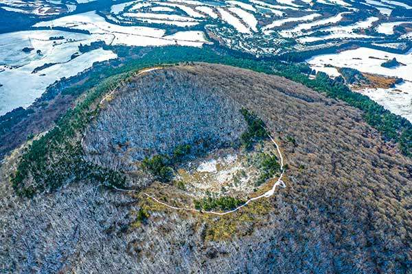 바리메오름의 겨울 풍광. 숲 대부분이 활엽수다.