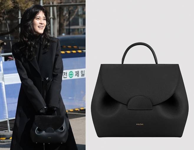 이부진 호텔신라 사장이 9일 서울 강남구 휘문고등학교에서 열린 아들 임동현군의 졸업식에 참석해 이동하고 있다.(왼쪽) 이 사장은 이날 프랑스 브랜드 ‘폴렌느’의 80만원대 제품인 ‘누메로 앙 나노’ 토트백을 들었다.(오른쪽) 뉴스1·폴렌느 공식 홈페이지